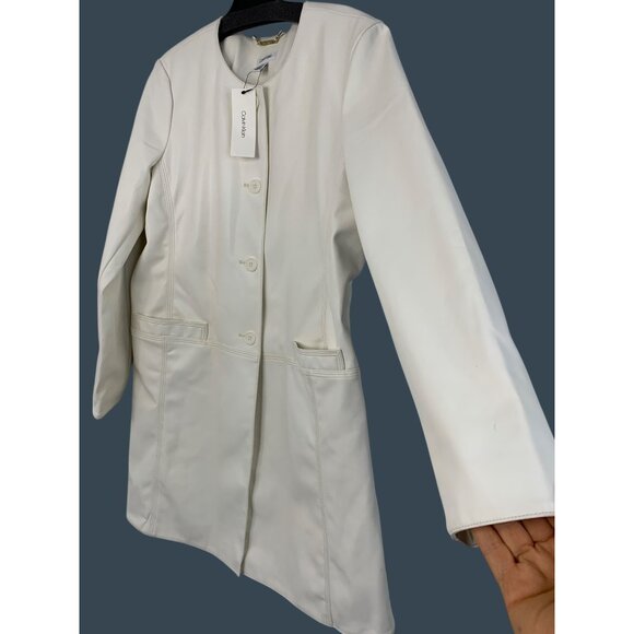 Calvin Klein Womens Alabaster Faux Leather Coat M Button Long Sleeve Lined $160 - Picture 3 of 8